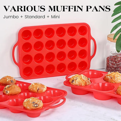 1 Pc Silicone Muffin Pan for Baking with Metal Frame, Nonstick 12 Cup Regular Size Cupcake Pan, Silicone Muffin Tray for Egg Bites (Red)