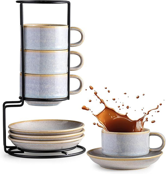 Gomakren 6 Ounce Cappuccino Cups with Saucers and Metal Stand, Stackable Coffee Cup Set of 4, Porcelain Espresso Cups for Coffee Drinks, Cappuccino, Latte, Americano, Tea, Gray