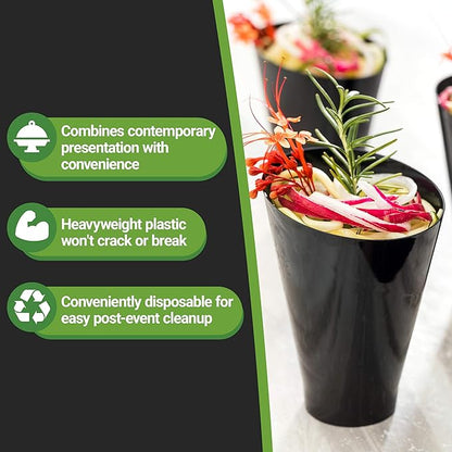 Restaurantware 7 Ounce Plastic Glasses 100 Round Incline Shooter Cups- Disposable Sturdy Black Plastic Round Bowls Unique Design For Soups Appetizers Or Desserts