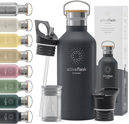 Stainless Steel Water Bottle with Straw, Infuser & 3 Lids: 18/32 OZ Leak-Proof Vacuum Insulated ACTIVE FLASK Drinking Bottles Hot Cold: Double Walled Outdoor Drink Thermo Mug Tea Coffee Sport Gym Bike