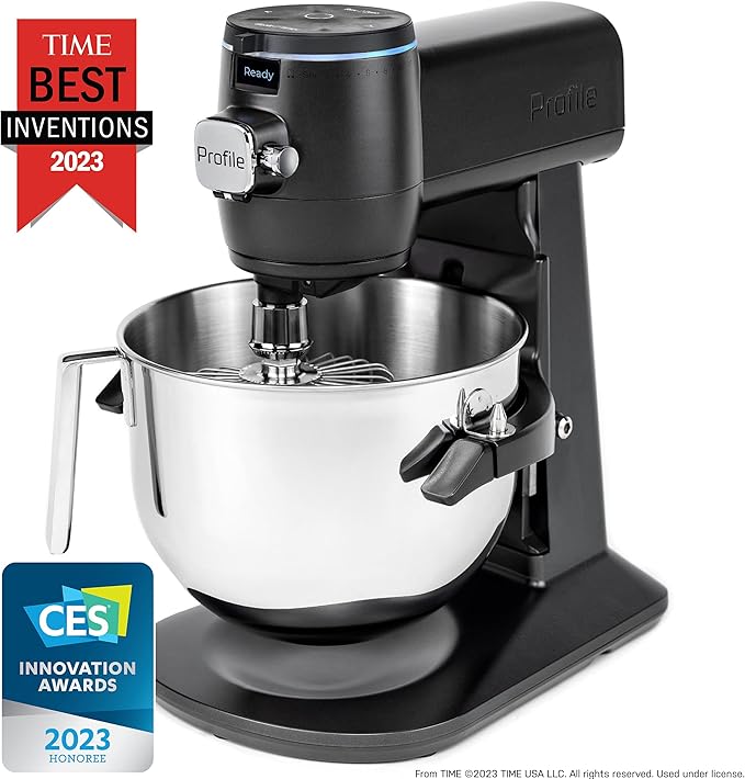 GE Profile Smart Stand Mixer, Built-In Smart Scale & Auto Sense Technology, 7qt Stainless Steel Bowl, 11 Speed, Includes Dough Hook, Beater, 11-Wire Whip, WiFi Connected, Carbon Black