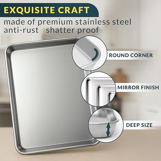 Baker’s Signature Stainless Steel Cookie Sheet Pan, Stainless Steel Baking Sheet Set of 2, Mirror Finish, Non-Stick, Rust Resistant, BPA Free, Dishwasher Safe, 17.5 x 13 Inch