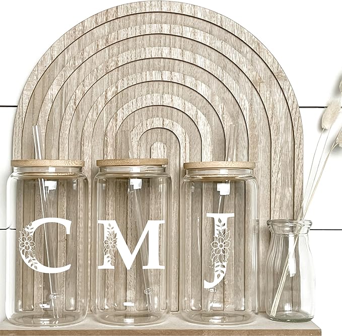 Personalized Gifts for Women, Monogrammed Glass Cups with Lids and Straws, Custom Tumbler, Cute Customized Mug, Aesthetic Stuff, Initial Iced Coffee Cup, Drinking Glasses, Birthday Teacher Gifts, A