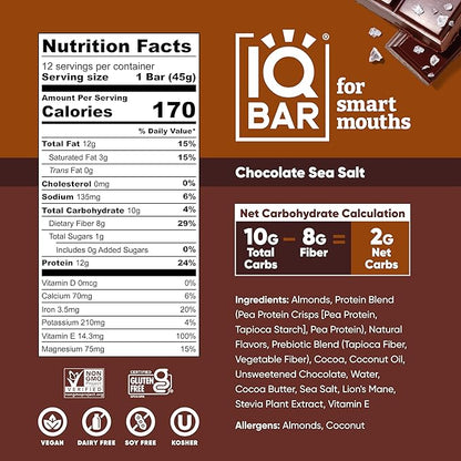 IQBAR Brain and Body Plant Protein Bars - Chocolate Sea Salt - 12-Count - Keto, Vegan, Low Carb, High Fiber, Gluten Free, Dairy Free, Low Sugar Snack with Nutrients for Focus, Energy, Meal Replacement