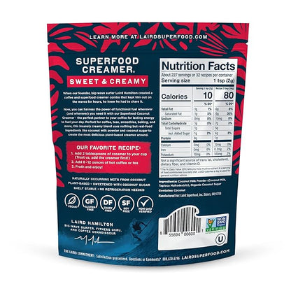 Laird Superfood Non-Dairy Superfood Creamer - Coconut Powder Coffee Creamer - Sweet & Creamy - Gluten Free, Non-GMO, Vegan - 16 oz. Bag, Pack of 1