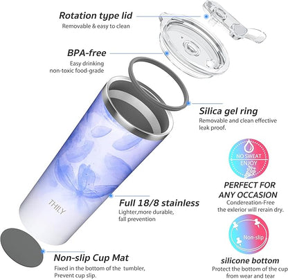 THILY Stainless Steel Vacuum Insulated Tumbler Travel Mug 26 oz Coffee Cup with 2 Lids and Straws, Splash Proof, Keep Ice Drinks Cold, Violet Leaves