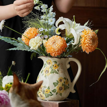 Vintage Vase with Handle, 7.6 Inch Ceramic Pitcher Sunflower Floral Vase, Rustic Farmhouse Vases for Grandma Core Home Decor, Bookshelf Office Tuscan Decor (Large Teapot)