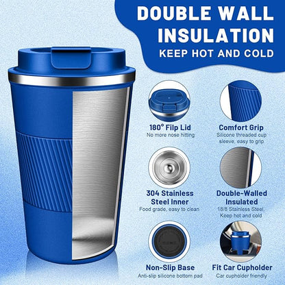 Insulated Coffee Tumblers with Flip Lid 12oz / 17oz, Stainless Steel Travel Coffee Mug Leak Proof, Vacuum Insulated Coffee Mug Reusable Cup, Keeps Cold and Hot for Coffee Tea