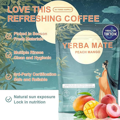 Yerba Mate Instant Tea Powder, 3-in-1 Super Drink - Clean Energy, Brain Fog Buster | Pure Natural Extract, Focus and Gut Health Support, Yerba Mate Peach Mango 0.72 lb