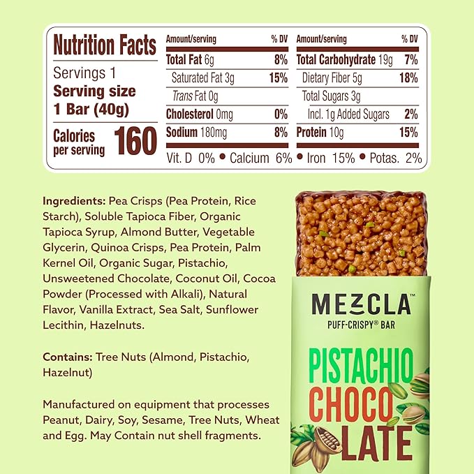 Mezcla Puff Crispy Protein Bars, Gluten Free & Vegan Protein Bars, 10g Protein, Alt for Pistachio Dubai Chocolate Bar, Granola Bars & Breakfast Bars, Healthy Snacks for Adults, Pistachio Chocolate, 12 Pack