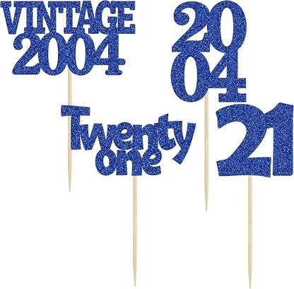 Gyufise 24Pcs 21st Birthday Cupcake Toppers Glitter Twenty-one Vintage 2004 Cheers to 21 Cupcake Picks Birthday Cake Decorations for Happy 21st Anniversary Party Supplies Deep Blue