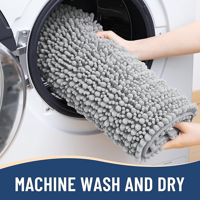 Arotive Luxury Chenille Bathroom Rug Mat, Extra Soft Thick Absorbent Shaggy Bath Rugs, Non-Slip Machine Wash Dry, Plush Bath Mats for Bathroom, Shower and Tub, 60x24, Light Grey