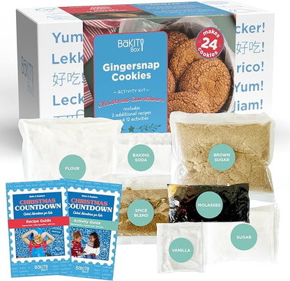 BāKIT Box Holiday Cookie Kit for Kids | Christmas Gingersnap Baking Mix + 12 Days of Christmas Activity Booklet | DIY Gingerbread Cookie Kit