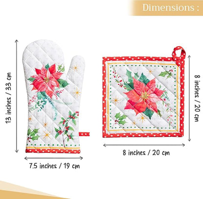 Maison d' Hermine 100% Cotton Oven Mitt & Pot Holder Set (7.5"x13" & 8"x8") Heat Resistant BBQ Cooking Gloves with Loop, Baking, Grilling, Kitchen, Handling Hot Pans (Poinsettia Christmas)