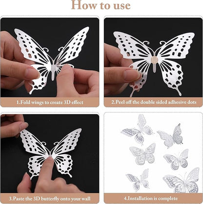 SAOROPEB 3D Butterfly Wall Decor, 48 Pcs 4 Styles 3 Sizes, Removable Metallic Wall Sticker Room Mural Decals for Kids Bedroom Nursery Classroom Party Decoration Wedding Decor DIY Gift (Sliver)