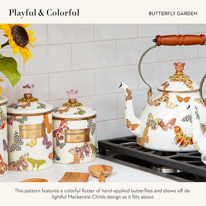 MACKENZIE-CHILDS Butterfly Garden Enamel Canister, Pretty Kitchen Storage Container with Lid, Large