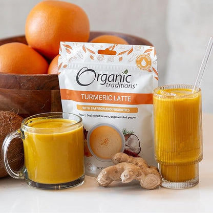 Organic Traditions Turmeric Latte – Creamy Coconut Milk Base – Saffron & Turmeric Blend – Easy to Mix – Sweetened with Coconut Palm Sugar – 1 Billion Probiotics per Serving - 150g/5.3oz Bag