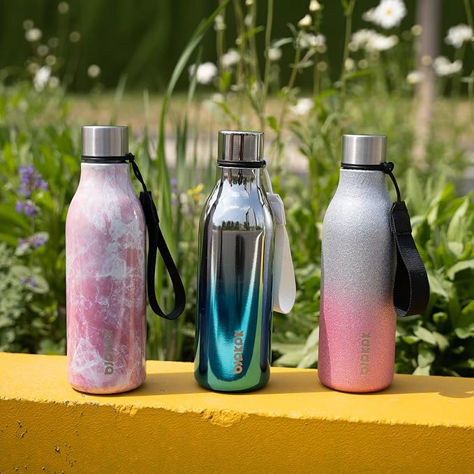BJPKPK Insulated Water Bottles, 18 oz Stainless Steel Metal Water Bottle with Strap, BPA Free Leak Proof Thermos, Mugs, Flasks, Reusable Water Bottle for Sports & Travel, Marble-Amber