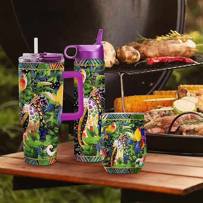 RainCaper 18/8 Stainless Steel Insulated Water Tumbler with Straw | 30oz, BPA-Free, Double Wall for Hot & Cold | Travel-Friendly, Cup Holder Ready (Laurel Burch Jungle Song)