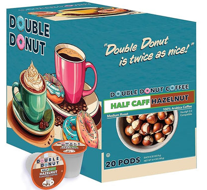 Double Donut Coffee Hazelnut Half Caff Coffee Pods, Single Serve Flavored Half Caffeine Coffee Pods For Keurig K Cup Brewers, Medium Roast, 20 Count