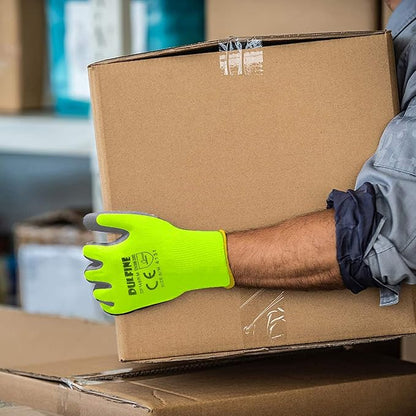 DULFINE Safety Work Gloves for Men PU Coated 12 Pairs Bulk Pack,Hi-Vis Yellow Seamless Knit Glove with thin Polyurethane Coated Smooth Grip on Palm & Fingers,Ideal for General Duty Work (Small)