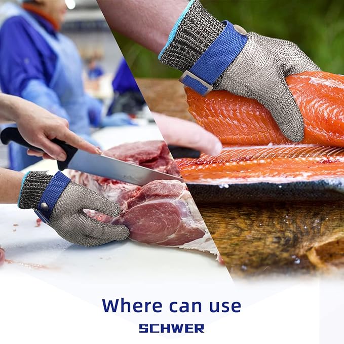 Schwer SlicePro ANSI A9 Cut Resistant Glove PR1706, Stainless Steel Mesh Metal Glove, Food Grade for Kitchen Cooking, Butcher Meat Cutting, Oyster Shucking, Mandoline, Fishing, Non-PFAS (S, 1 Pair)