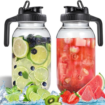 Glass Pitchers with Lid, Set of 2, Wide Mouth Water Jugs 64OZ Leak-Proof Airtight Mason Jars for Cold Brew Coffee, Iced tea, Milk, Food Storage, Sun Tea Jar., Black