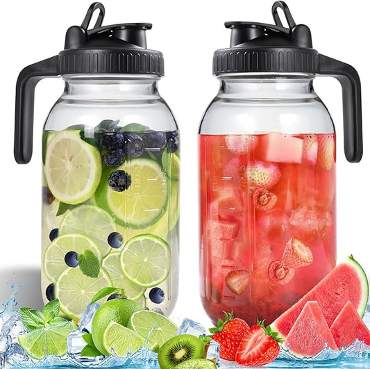 Glass Pitchers with Lid, Set of 2, Wide Mouth Water Jugs 64OZ Leak-Proof Airtight Mason Jars for Cold Brew Coffee, Iced tea, Milk, Food Storage, Sun Tea Jar., Black