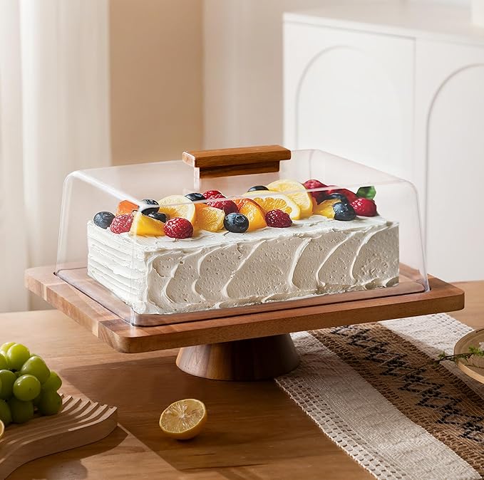 HBlife Cake Stand with Lid (16.5"), Multifunctional Cake Stand with Acrylic Dome Rectangular Acacia Wood 2-in-1 Cake Plate Display Stand with Cover for Baking Gifts, Birthday Kitchen Parties, Weddings