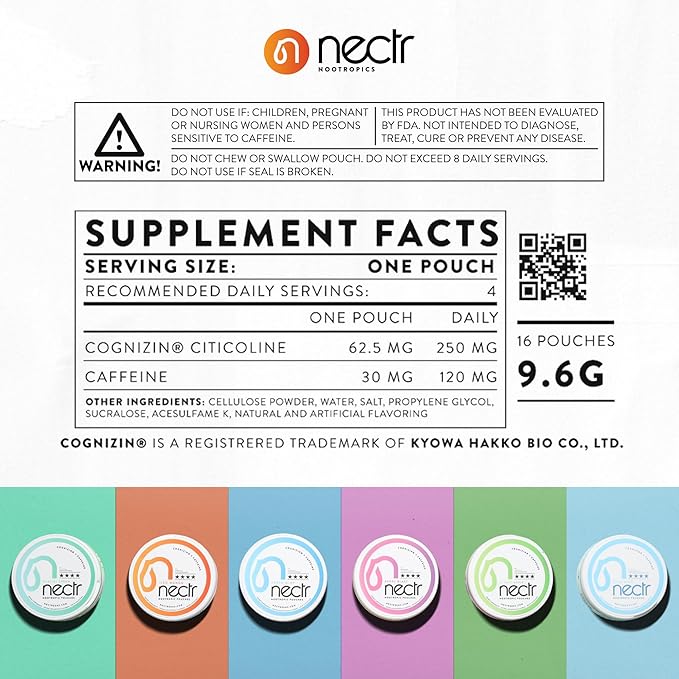 Nectr Energy Nootropic Pouches – Fresh Mint Flavored, Caffeine Pouches with Cognizin® Citicoline. Nicotine-Free Sugar-Free Brain Treats. Smooth, Sustained Focus & Energy Supplement - 1 Puck of 16pcs
