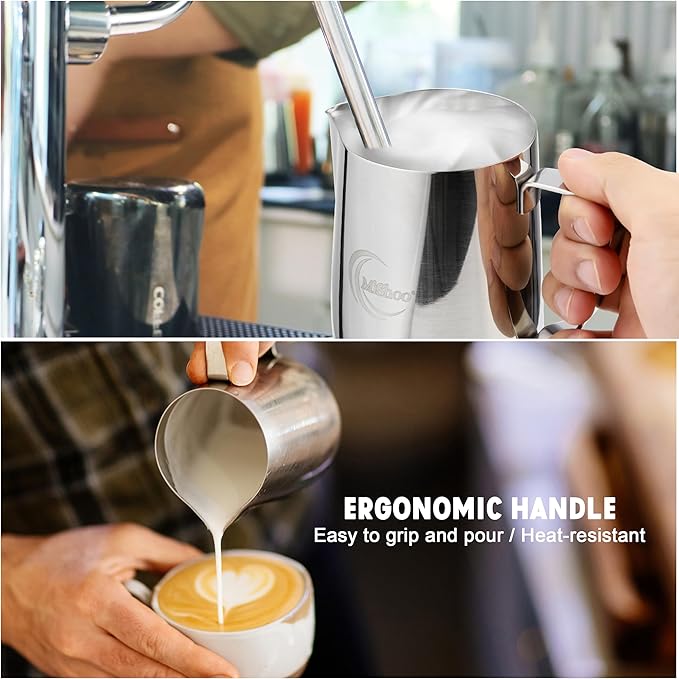 MiShoo® Milk Frothing Pitcher, 12oz Steaming Pitcher 304 Stainless Steel Espresso Machine Accessories for Coffee Bar, Cappuccino Barista Tools Milk Jug Steamer Frother Cup with Latte Art Pen