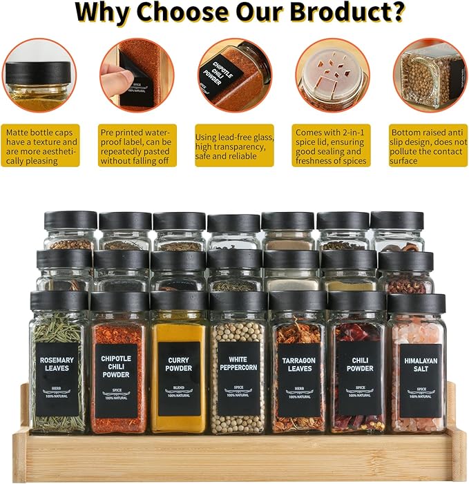 24Pcs Spice Jars Containers with Labels，4oz Black Seasoning Bottles with Shaker Lids for Rack, Cabinet, Drawer,Empty Square Condiment Pots (24, Black)