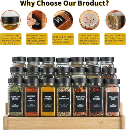 24Pcs Spice Jars Containers with Labels，4oz Black Seasoning Bottles with Shaker Lids for Rack, Cabinet, Drawer,Empty Square Condiment Pots (24, Black)