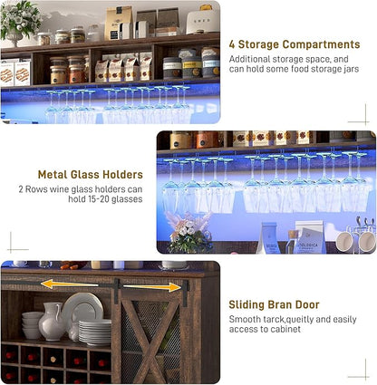 63"W Farmhouse Coffee Bar Cabinet with LED Light,Wine Bar Cabinet w/ 4 Tier Storage Hutch,Kitchen Buffet Cabinet w/Sliding Barn Door & 15 Wine and Glass Racks for Kitchen Dining Room(Brown)