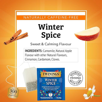 Twinings Winter Spice Herbal Tea Individually Wrapped, 20 Count (Pack of 6), Camomile, Apple, Cinnamon, & Clove, Caffeine-Free, Enjoy Hot or Iced, 120 Teabags