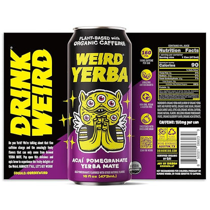 Drink Weird Organic Acai Pomegranate Yerba Mate – 16oz Cans, 160mg Organic Caffeine, Pack of 12 – Antioxidant-Rich Energy Drink Alternative
