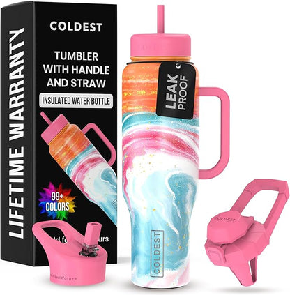 Coldest 40 oz Tumbler with Handle and Straw - 100% Leak Proof Insulated Tumbler with Lid and Straw (3 Lids) - Stainless Steel Tumblers for Women & Men - Cup Holder Friendly Base, 46 oz (Amethyst)
