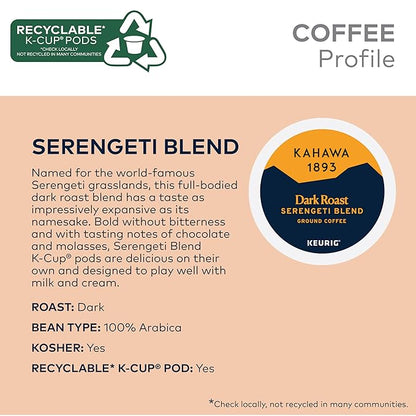 Kahawa 1893 Dark Roast Coffee K-Cup Pods Serengeti Blend (20 Count) - As Seen on Shark Tank, Low Acid, High Antioxidants, Naturally Sweet, Organically Grown, Ethically & Sustainably Sourced