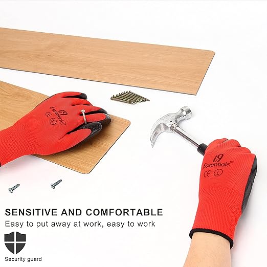 I9 Essentials Nitrile Coated Work Gloves - 12 Pairs Large, Durable, Breathable Safety Gloves for Construction, Gardening, Carpentry – Washable, Reusable for men and women