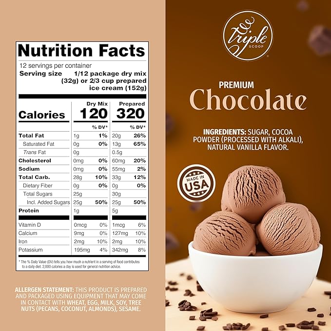 Triple Scoop - Premium Chocolate Ice Cream Mix For Ice Cream Maker. Simple, Easy, Delicious. From Gourmet Mix To Maker in 5 Minutes, Makes 2 Creamy Quarts. Made in USA. (1 Pack, Chocolate)