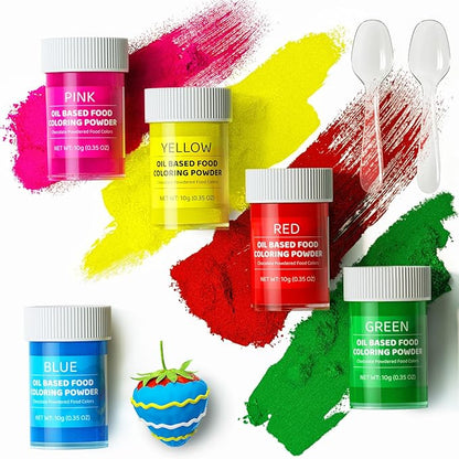 Oil Based Food Coloring Powder for Chocolate 5 Colors Powdered Edible Food Dye for Sugar Candy Melts Oil Frosting Icing Dye for Backing Cookies Fondant Food Color for Cake Decorating - 10g/ Bottles