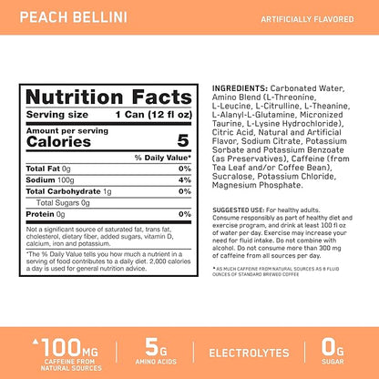 Optimum Nutrition Amino Energy Sparkling Hydration Drink, Electrolytes, Caffeine, Amino Acids, BCAAs, Sugar Free, Peach Bellini, 12 Fl Oz, 12 Pack (Packaging May Vary)