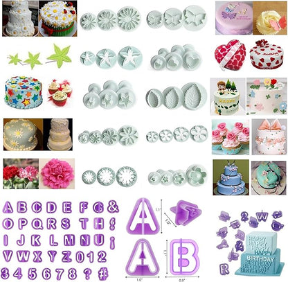Flower Fondant Cutters,73Pcs Cake Cookie Cutter Plunger Sugarcraft Alphabet Letters Decorating Tools,Sunflower Rose Leaf Butterfly Heart Star Carnation Hollow Calyx Cutter Molds,Icing Modelling Kit