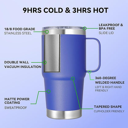 20 oz Stainless Steel Tumbler with Handle Bulk Metal Insulated Tumblers Travel Coffee Mug with Handle Double Wall Tumbler Cup with Lid and Straw, Blue 12 Pack