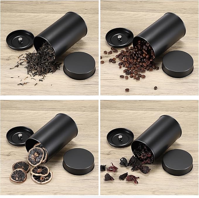 JUXYES 12 Pack Tea Tins Canister with Airtight Double Lids, 16 oz Loose Leaf Tea Storage Airtight Kitchen Canisters Tins Can Box for Storage Loose Tea Coffee Herbs and Spices, Black