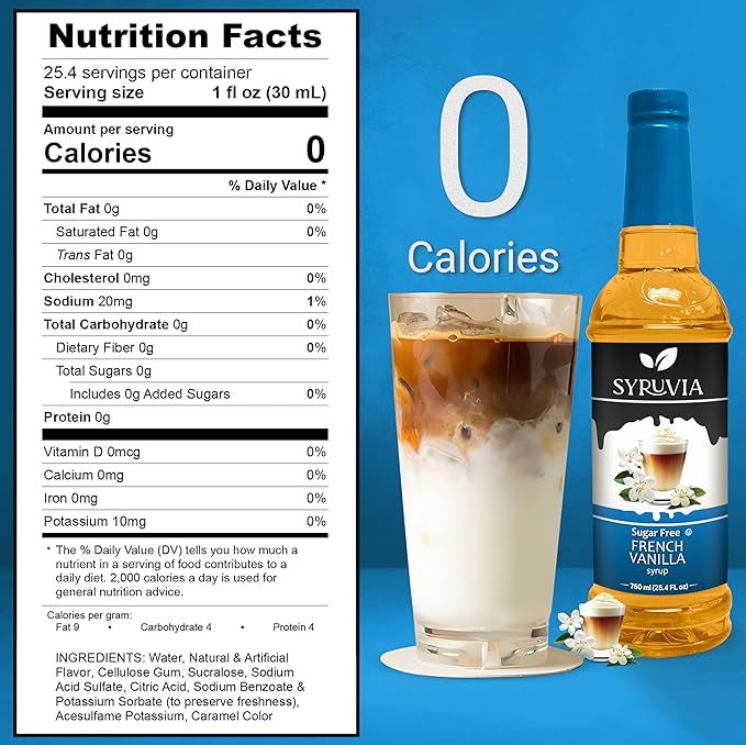 Syruvia Sugar Free Coffee Syrup, French Vanilla Flavored Syrup for Drinks, Lattes, and Desserts – 25.4 fl oz