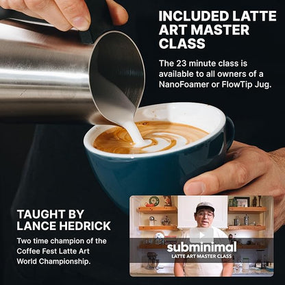 Subminimal FlowTip Milk Jug | Stovetop Milk Frothing, Foaming Pitcher for Premium Barista-Style Coffee at Home | Cappuccino & Latte Art Pouring Jug with Ergonomic Heat Resistant Handle | 450ml, Black