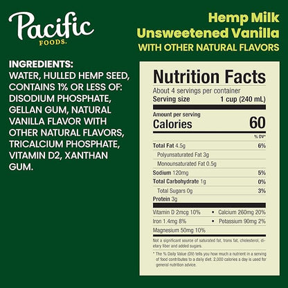 Pacific Foods All Natural 32Oz Boxes Keto Friendly, Unsweetened Hemp - Vanilla, 384 Fl Oz, Pack of 12