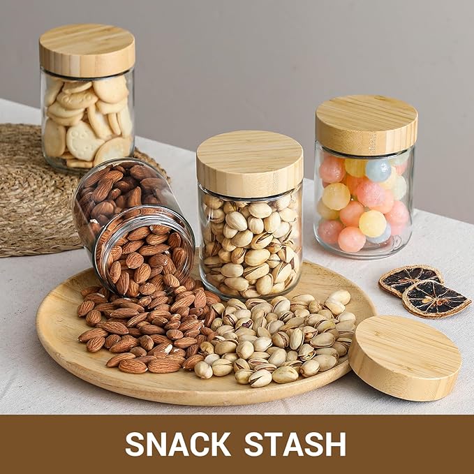 NETANY 4-pack 16oz Glass jars with Airtight Lids, Overnight Oats Containers with Bamboo Lids, Wide mouth Mason Salad jars, Glass Food Storage Containers for Snacks Yogurt Spice Sugar