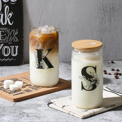 AYGXU Initial Glass Cup - Personalized Birthday & Graduation Gifts for Her, 16oz Tumbler with Small Jewelry Organizer Box, Purple